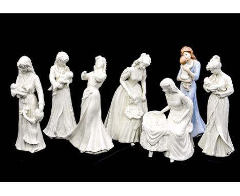 A collection of Royal Worcester figures, mother and child in various poses, one painted (7) 