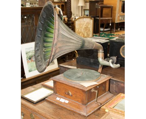 HMV Gramophone with green metal horn, 16" x 18" , fitted with exhibition sound box, tapered tone arm with "Gooseneck", 10" tu