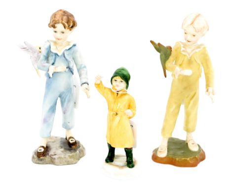 Three Royal Worcester figures, two versions of the 'The Parakeet' model 3087 in blue and yellow and 'Fisherman' (3)
