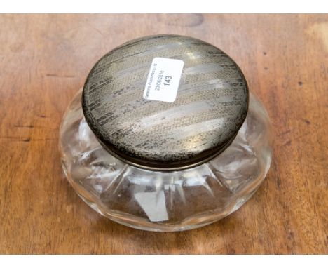 A George V silver topped circular glass powder bowl, engine turned, maker's mark rubbed, Birmingham 1924