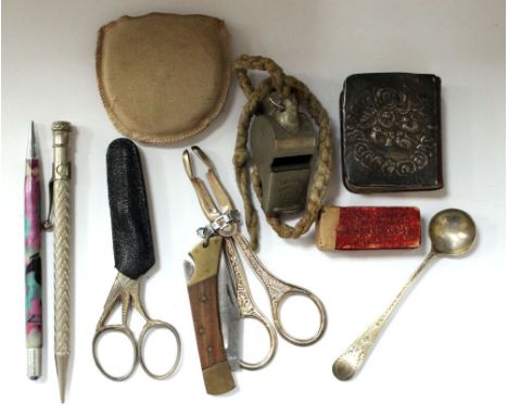 A George III silver mustard spoon, two propelling pencils, miniature harmonica, scissors  and grasps (sewing), pen knife, Bri