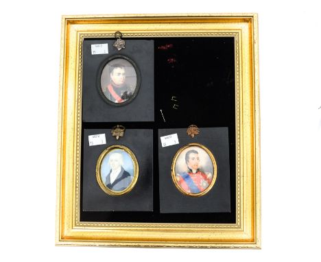 Three 19th Century ivory miniature portraits in ebonized frames, one of Wellington, one of Napoleon, with another portrait of