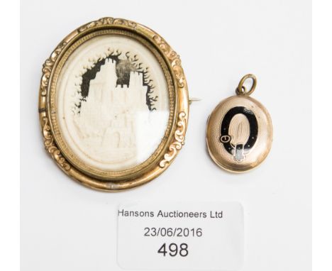 A 19th Century Victorian recessed carved ivory plaque, castle in rolled gold/pinchbeck, together with a memorial locket, blac