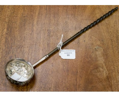 An 18th Century style white metal ladle with whale bone twist handle, engraved with personal initials 'SH' 