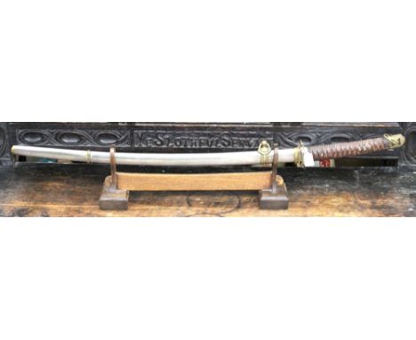 WW2 style Japanese Naval Officers Katana sword and scabbard (replica) complete with wooden display stand.