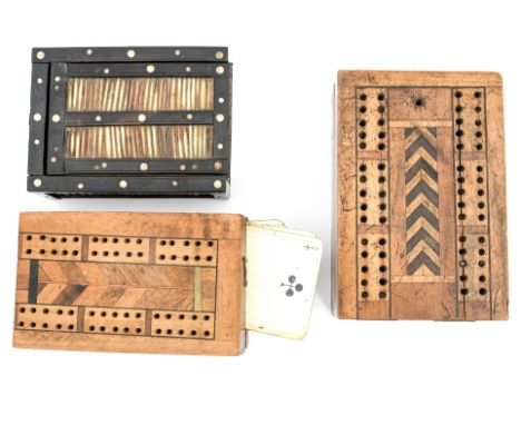 A porcupine quill. ebony and bone sliding top Victorian box together with two inlaid folding cribbage boxes (3)