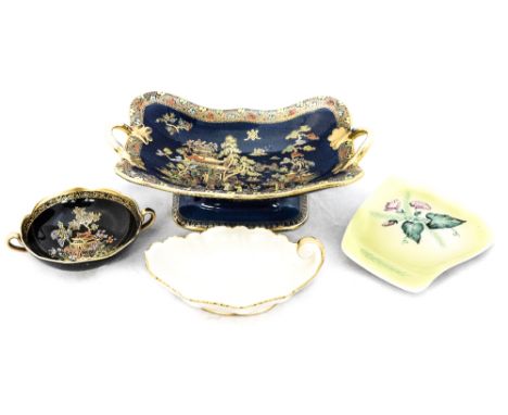 A Carlton ware twin handled 'Bleu Royale' pedestal bowl, with a Carlton ware dish, a Carlton ware 'Australian' design trinket