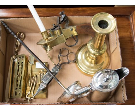 An early 19th Century Old Sheffield Plate ladle, candle snuffers, brass candlestick, dolls brass fireside set, flintlock ligh