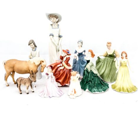 A collection of nine various lady figurines, including Royal Doulton and Coalport, a Beswick donkey foal and a matt palomino 