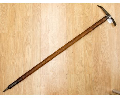 An early 19th Century, hickory handled ice axe, manufacturer's indistinct imprint to head