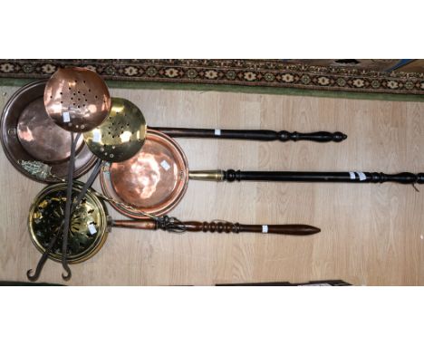 Three warming pans, two chestnut roasters, one toasting fork (6)