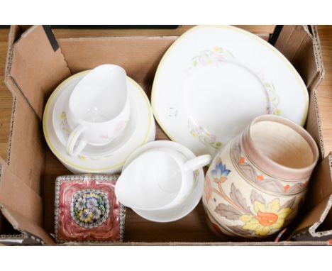 A Charlotte Rhead Ducal vase, Susie Cooper plates and tea wares and two Maling ashtrays (qty)