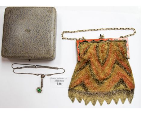 A white metal and paste 1930s necklace (original box) and an Art Deco evening purse, chain mail and enamel design (2)