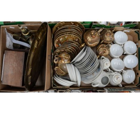 A box of Oriental tea wares, with a mantle clock and a small quantity of metal ware (2 boxes)
