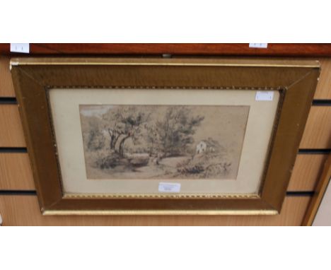 Sir John Gilbert (1817 - 1897) cottage by stream, pencil sketch heightened with chalk, signed at bottom mid-right, 16cn x 26c