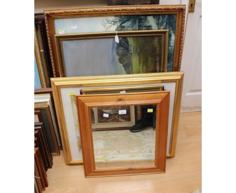 A collection of four prints, one oil painting of a hunting scene and a mirror (6)