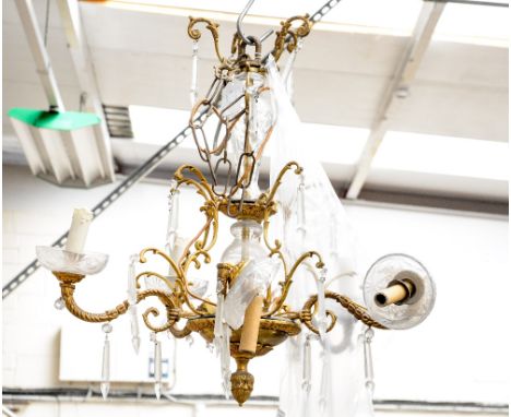  A 20th Century French brass light fitting with coloured glass shades
