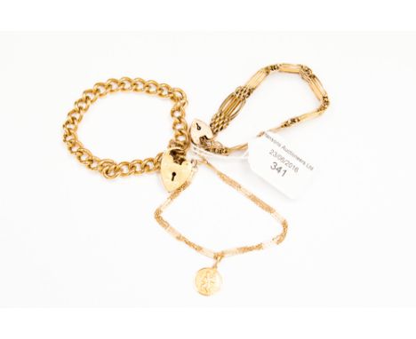 A 9 ct gold charm bracelet, weighing approx. 28 grms with a yellow metal bracelet and pendant, and a gold plated gate link br