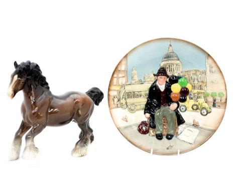 A Beswick late 1950s early 60s 'Bay Shire Horse' and a Royal Doulton, plaque of 'The Balloon Seller' (2)