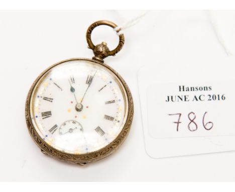A Continental metal ladies' fob watch, '0.800', bright cut engraved case, white enamel dial, Roman numerals