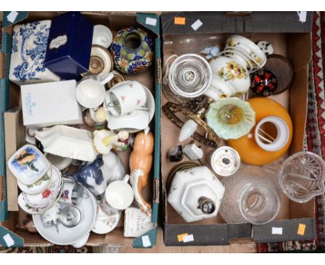 Two boxes of assorted ceramics and glassware including Coalport, Royal Worcester, Beswick (af), Royal Crown Derby, Caithness 