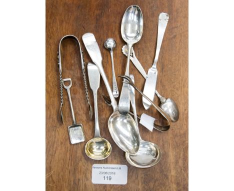 A William IV silver teaspoon, London 1835 and a small group of silver tea and salt spoons, two pairs of EPNS sugar tongs and 