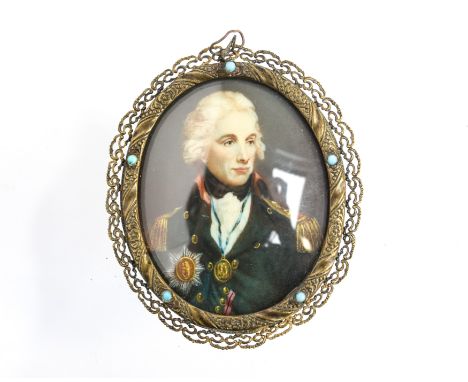 A 19th Century portrait of Horatio, Lord Nelson on ivory pendant, frame inset with turquoise 