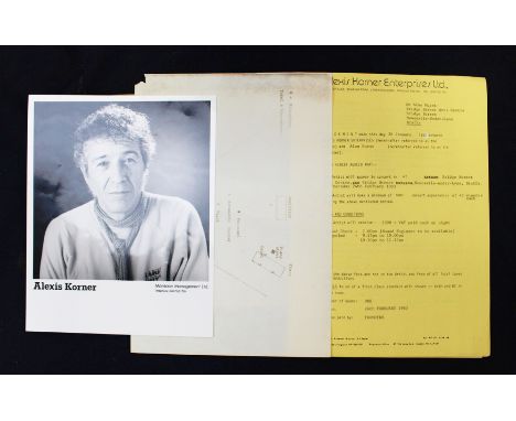 Alexis Korner a signed contract for a performance by Korner in Newcastle Staffordshire, 1983, together with photograph and st