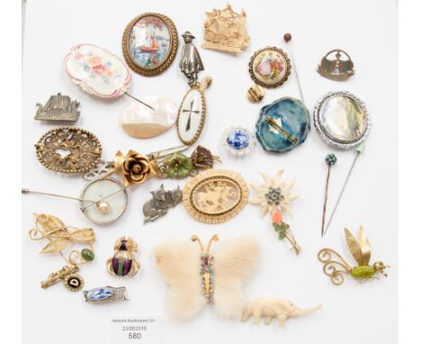 A coral and jade brooch, silver Chinaman, mother-of-pearl, hand painted Delf Mint 'Bug' and other brooches and hat pins 