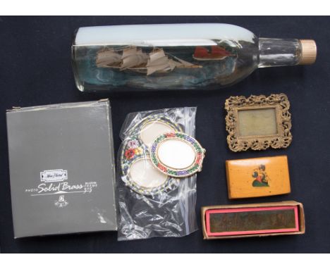A boxwood 19th Century snuff box, glass slides (12) hunting , American Indians, camels Venice frames including micromosaic, s
