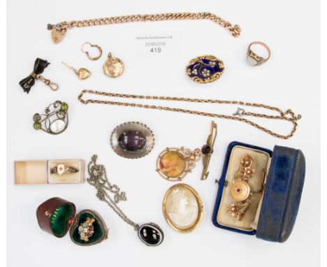 A late Victorian three colour gold brooch, set ruby and pearls, five various brooches, a Mizpah ring etc
