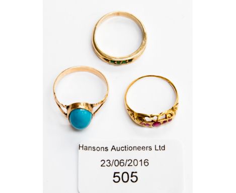 A 9 ct gold two stone emerald ring, a rose metal ring cabochon stone, turquoise colour, together with an 18 ct and ruby ring,