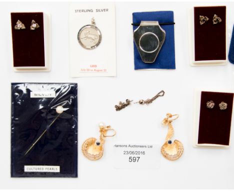 Three pairs of new silver earrings and a stick pin, gilt metal earrings and silver pendant etc (8)