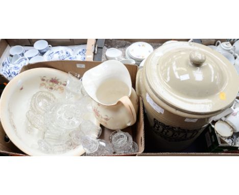 A Stoneware bread crock and cover, a Crown Ducal jug and basin (af), a quantity of cut glass including decanter and wine glas