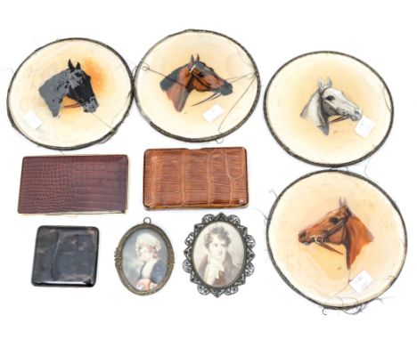 A set of four glass roundels painted with horses heads, DV monograms, diameter 17cm three cigar/cigarette cases and two oval 