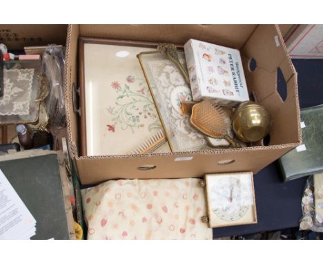 Collection of items including: a vintage embroidered tray; Vintage embroidered dressing-table set (tray, hairbrush, mirror an