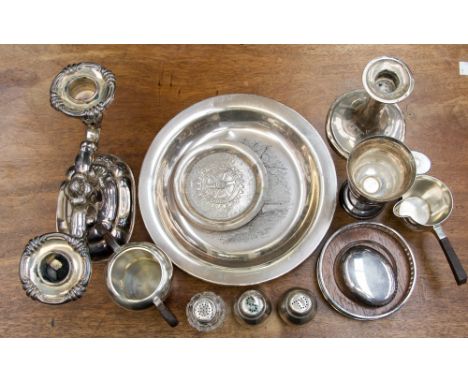 A collection of silver and silver plate comprising snuff box, white metal Rotary International pin tray and condiment set, co