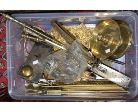 Brass light switch surrounds, brass lock plates, curtain tie backs, brass chamber sticks, brass fire irons, locks etc, includ