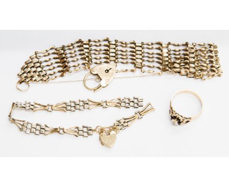A 9 ct gate link bracelet, another smaller bracelet 20 grms approx and yellow metal ring (3)