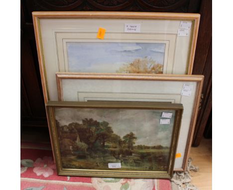 Two 20th Century watercolours, landscapes, together with a colour print of 'The Haywain' and a Capo de Monti table lamp of tw