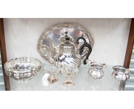 A Continental 800 standard silver matched tea service, comprising teapot, sugar bowl cream jug, bowl with glass liner and tra