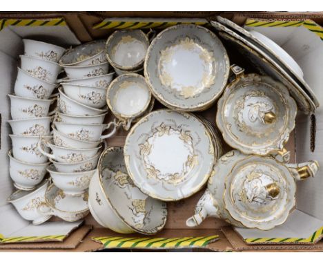 A mid 19th Century and later hand painted tea service, some pieces stamped 'Copelands China', each piece, decorated with a sa