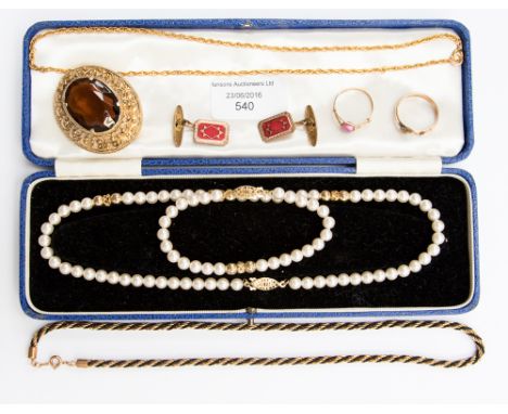 A boxed pair of gilt and enamel Edwardian cufflinks, a rolled gold buckle ring, a dress ring, brooch and two necklaces, pearl