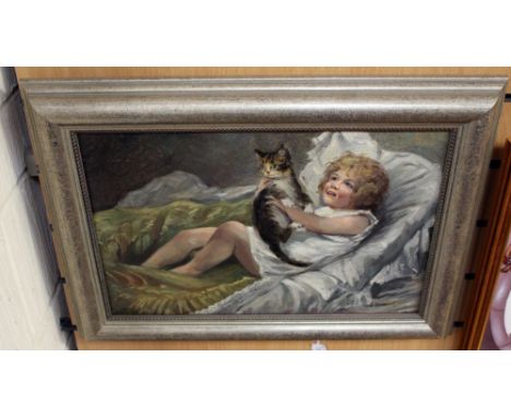  Josef Heimerl (1867-1918) child playing with kitten, signed lower right, oil on canvas approx 31 x 47 cm