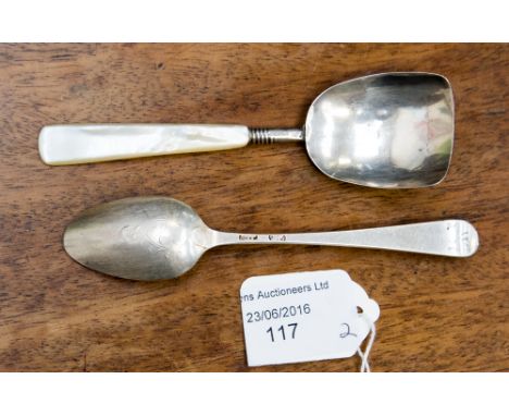 A William IV silver caddy spoon with mother-of-pearl handle, George Unite, Birmingham circa 1830, together with a George II s
