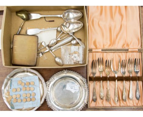 A William IV silver dessert spoon, London 1832, a similar spoon London 1858, a cased set of EPNS cake forks with serving fork