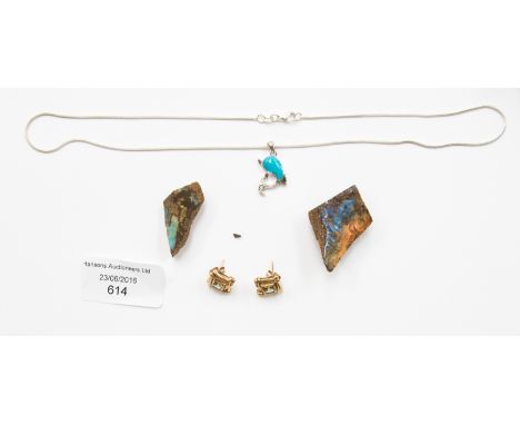 Two pieces of Australian boulder opal, together with a silver, enamel and CZ pendant and a pair of peridot and yellow metal e