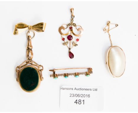 A collection of gold jewellery, comprising 9 ct gold mother-of-pearl brooch, a 9 ct gold ruby and seed pearl brooch, together
