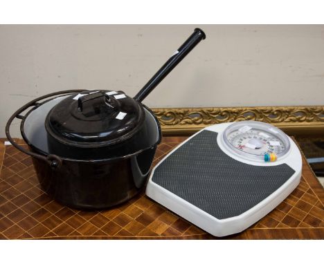 A modern set of scales, a collection of various pans, together with a late Victorian Footstool  (4)