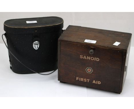 A 1940s First Aid Box, Sanoid, and a cased pair of binoculars (2)